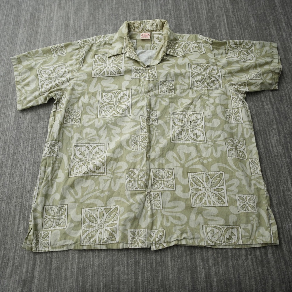 Go Barefoot Hawaiian Shirt Green‎ Floral Short Sleeve Button Up USA Made 2XL